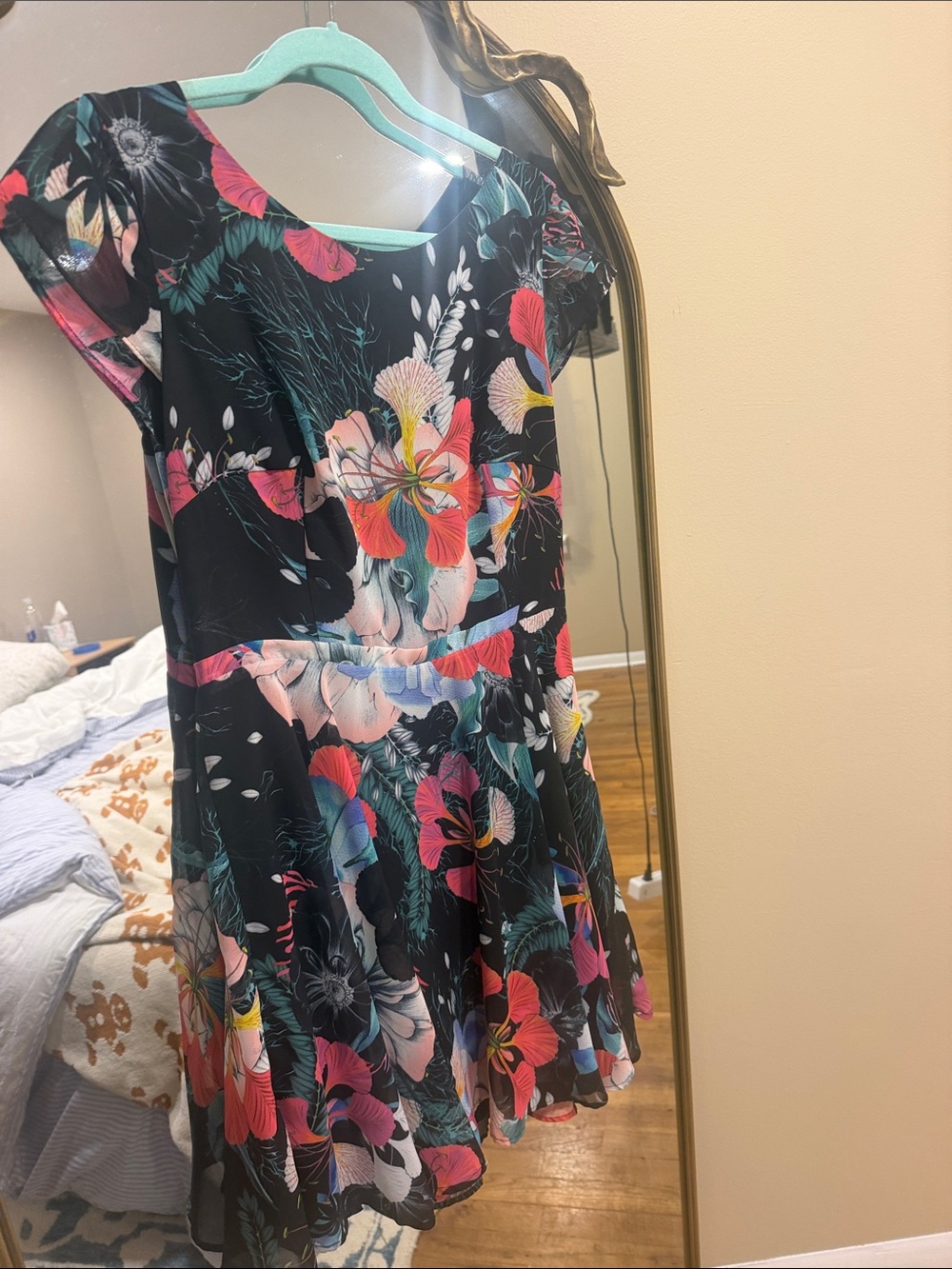 French Connection Black Floral Fit-and-Flare Dress with Bright Multi Blossoms